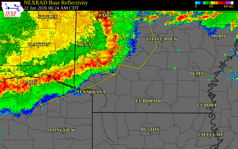 Radar snapshot during the Jun 22, 2026 wind event near Dallas County, Dallas County, Arkansas, with NWS warning polygons