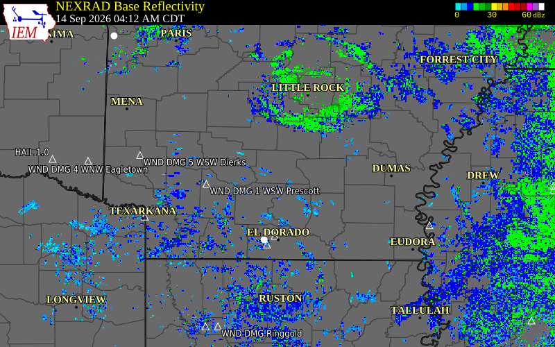 Current NEXRAD radar over Dallas County, Arkansas with recent storm report locations