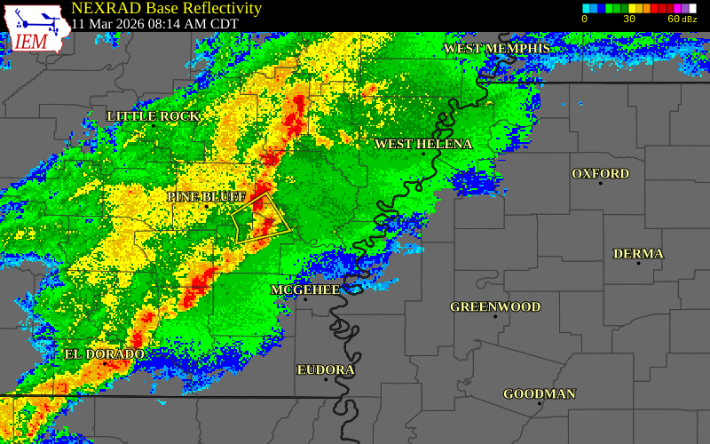 NEXRAD radar during the Wednesday, March 11, 2026 storm activity in Desha County, Arkansas
