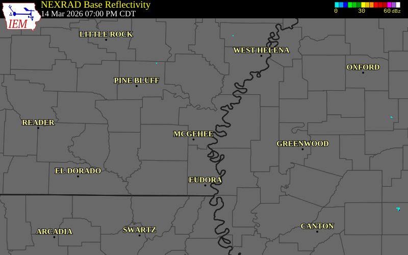 NEXRAD radar during the Saturday, March 14, 2026 storm activity in Desha County, Arkansas