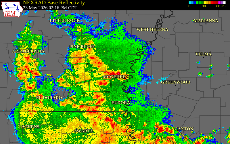 NEXRAD radar during the Saturday, May 23, 2026 storm activity in Desha County, Arkansas
