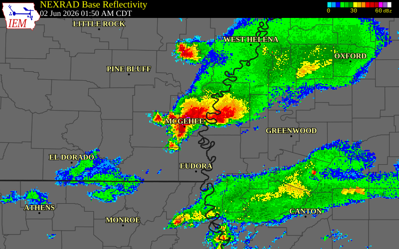 NEXRAD radar during the Tuesday, June 2, 2026 storm activity in Desha County, Arkansas