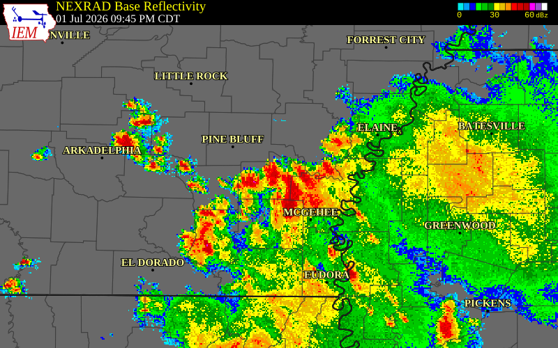 NEXRAD radar during the Wednesday, July 1, 2026 storm activity in Desha County, Arkansas
