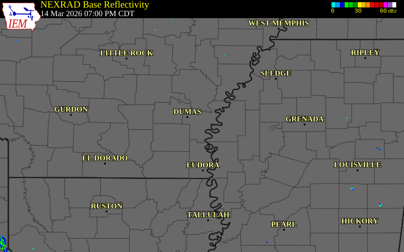 Radar snapshot during the Mar 14, 2026 hail event near Rohwer, Desha County, Arkansas, with NWS warning polygons