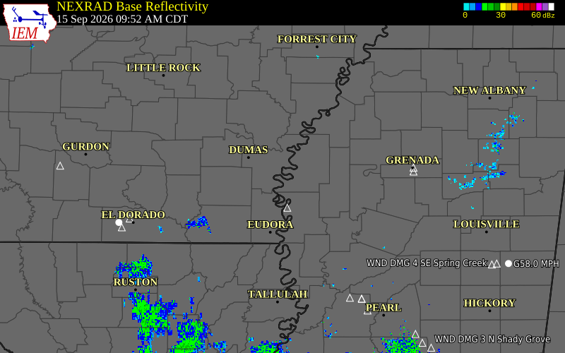 Current NEXRAD radar over Desha County, Arkansas with recent storm report locations