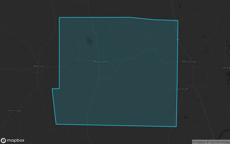 Map of Drew County, Arkansas showing the county boundary and surrounding cities