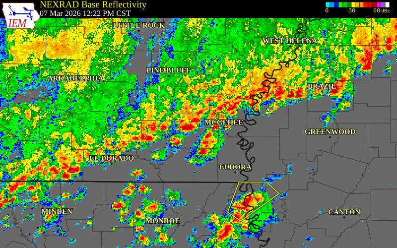 NEXRAD radar during the Saturday, March 7, 2026 storm activity in Drew County, Arkansas
