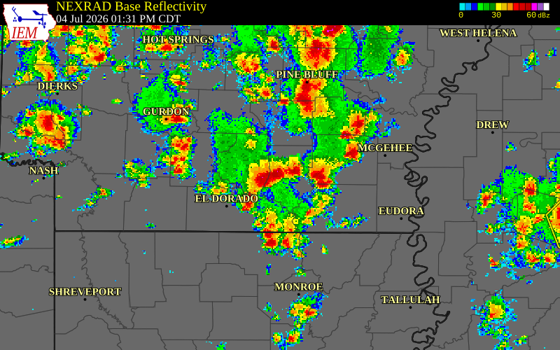 NEXRAD radar during the Saturday, July 4, 2026 storm activity in Drew County, Arkansas