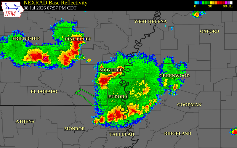 NEXRAD radar during the Wednesday, July 8, 2026 storm activity in Drew County, Arkansas