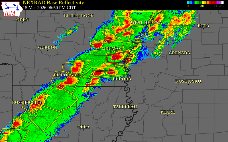 Radar snapshot during the Mar 15, 2026 hail event near Jerome, Drew County, Arkansas, with NWS warning polygons