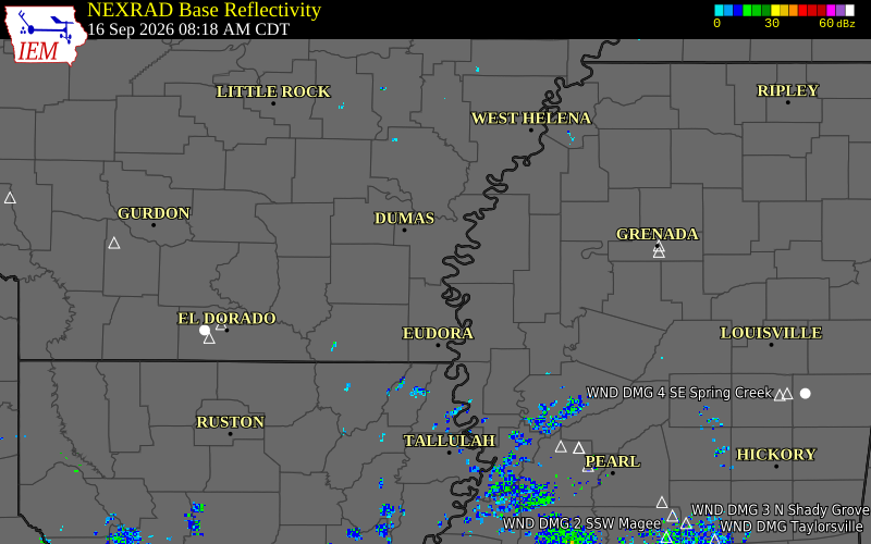 Current NEXRAD radar over Drew County, Arkansas with recent storm report locations