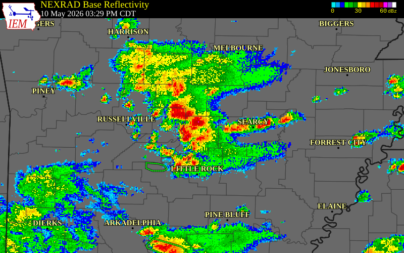 NEXRAD radar during the Sunday, May 10, 2026 storm activity in Faulkner County, Arkansas