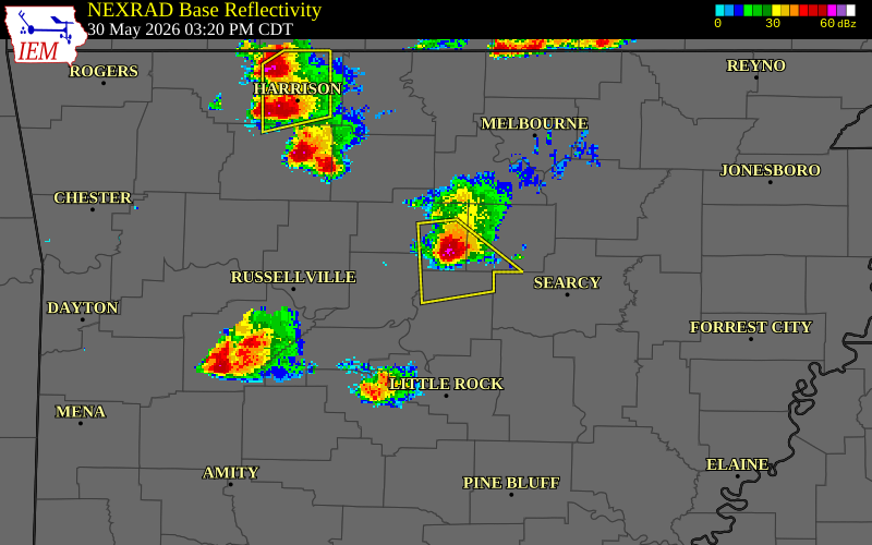 NEXRAD radar during the Saturday, May 30, 2026 storm activity in Faulkner County, Arkansas