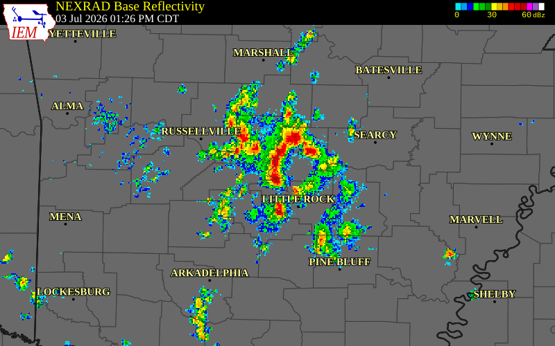 NEXRAD radar during the Friday, July 3, 2026 storm activity in Faulkner County, Arkansas