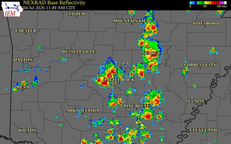 NEXRAD radar during the Saturday, July 4, 2026 storm activity in Faulkner County, Arkansas