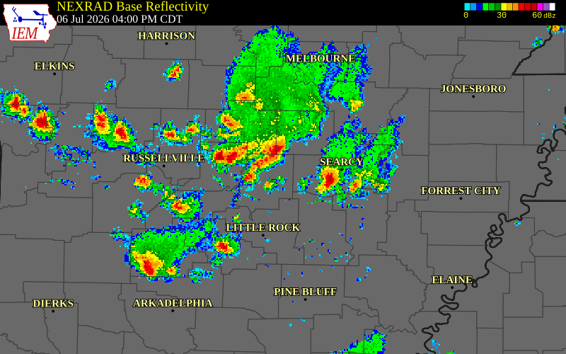 NEXRAD radar during the Monday, July 6, 2026 storm activity in Faulkner County, Arkansas