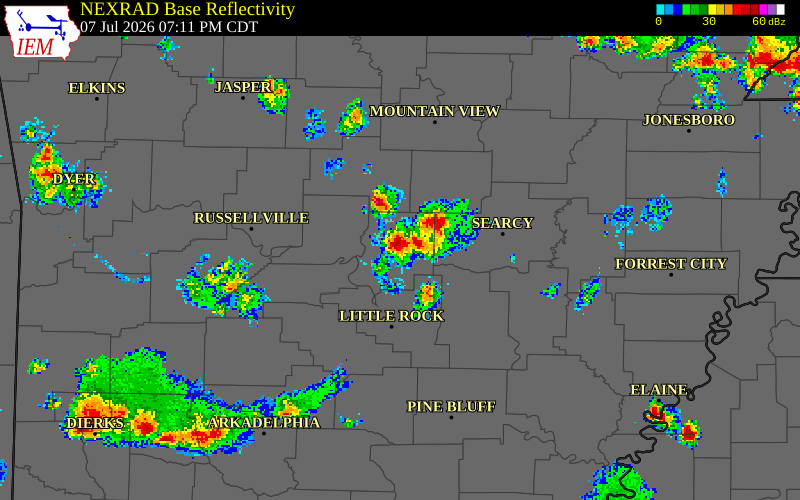 NEXRAD radar during the Tuesday, July 7, 2026 storm activity in Faulkner County, Arkansas
