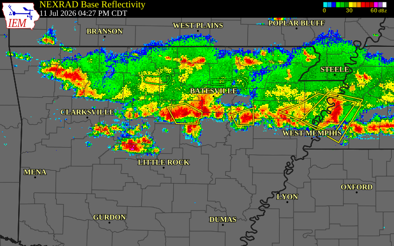 Radar snapshot during the Jul 11, 2026 wind event near Faulkner County, Faulkner County, Arkansas, with NWS warning polygons