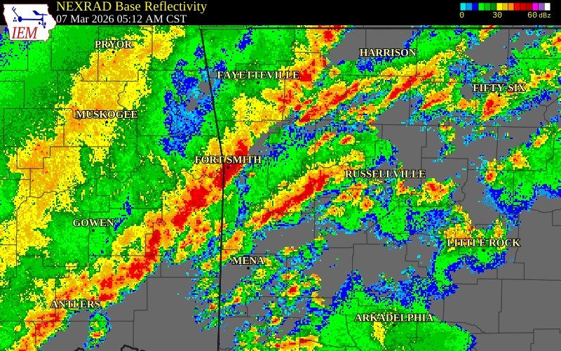 NEXRAD radar during the Saturday, March 7, 2026 storm activity in Franklin County, Arkansas
