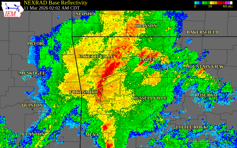 NEXRAD radar during the Wednesday, March 11, 2026 storm activity in Franklin County, Arkansas