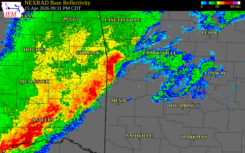 NEXRAD radar during the Wednesday, April 15, 2026 storm activity in Franklin County, Arkansas