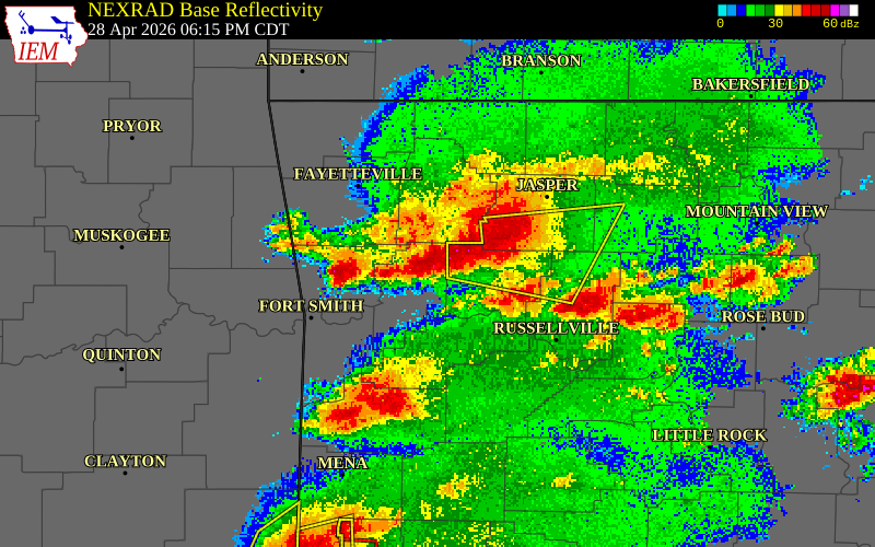 NEXRAD radar during the Tuesday, April 28, 2026 storm activity in Franklin County, Arkansas