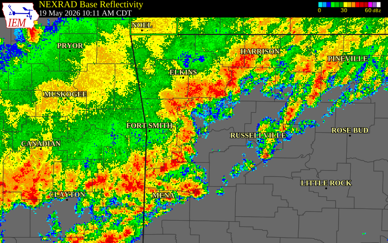 NEXRAD radar during the Tuesday, May 19, 2026 storm activity in Franklin County, Arkansas