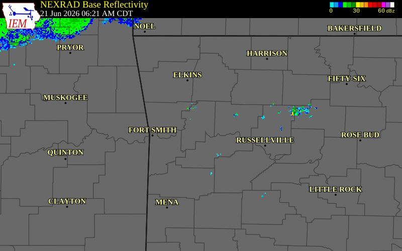 NEXRAD radar during the Sunday, June 21, 2026 storm activity in Franklin County, Arkansas