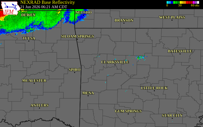 Radar snapshot during the Jun 21, 2026 tornado event near 2 WNW Ozark, Franklin County, Arkansas, with NWS warning polygons