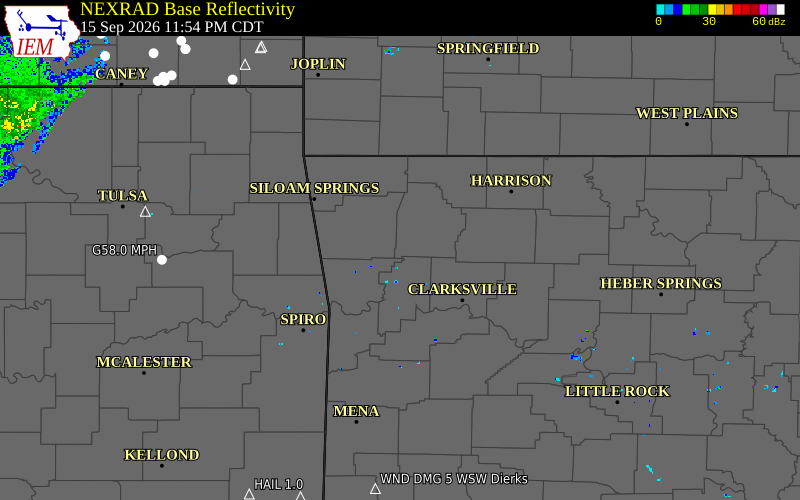 Current NEXRAD radar over Franklin County, Arkansas with recent storm report locations