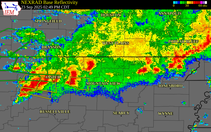 NEXRAD radar during the Tuesday, September 23, 2025 storm activity in Fulton County, Arkansas