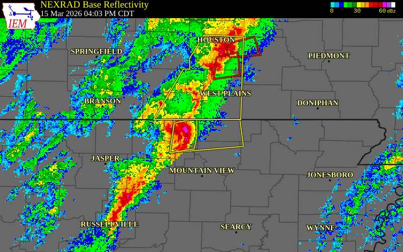 NEXRAD radar during the Sunday, March 15, 2026 storm activity in Fulton County, Arkansas