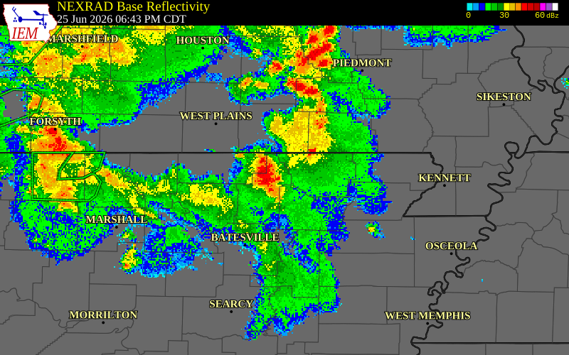 NEXRAD radar during the Thursday, June 25, 2026 storm activity in Fulton County, Arkansas