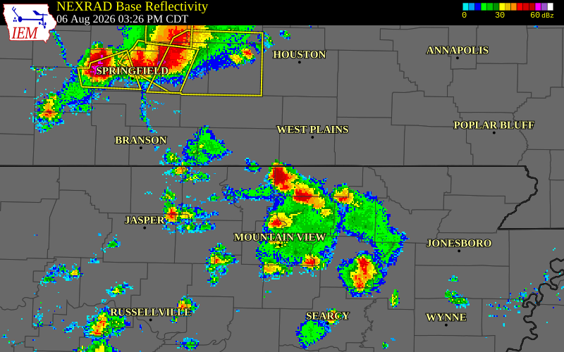 NEXRAD radar during the Thursday, August 6, 2026 storm activity in Fulton County, Arkansas