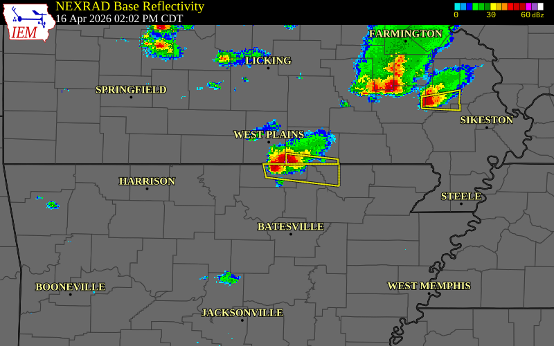 Radar snapshot during the Apr 16, 2026 hail event near 2 W Camp, Fulton County, Arkansas, with NWS warning polygons