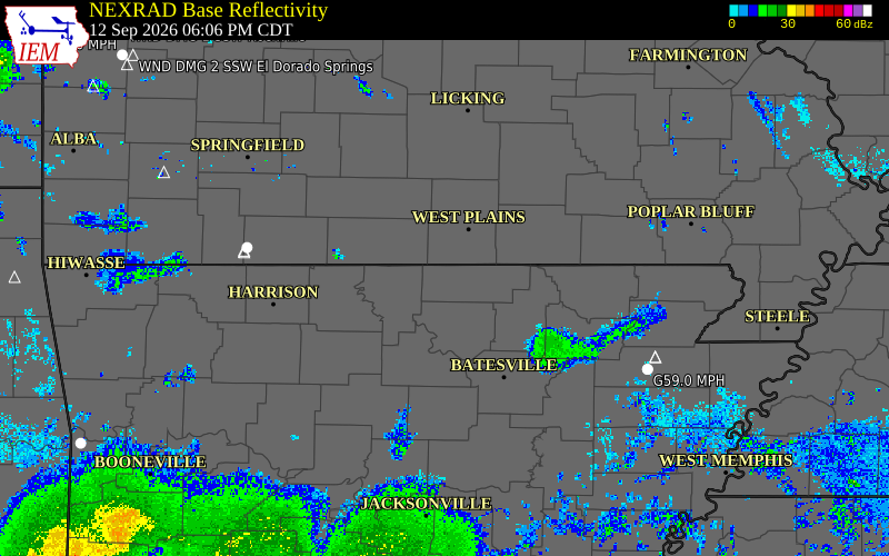 Current NEXRAD radar over Fulton County, Arkansas with recent storm report locations