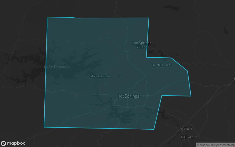 Map of Garland County, Arkansas showing the county boundary and surrounding cities