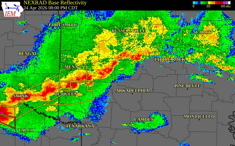 NEXRAD radar during the Friday, April 24, 2026 storm activity in Garland County, Arkansas
