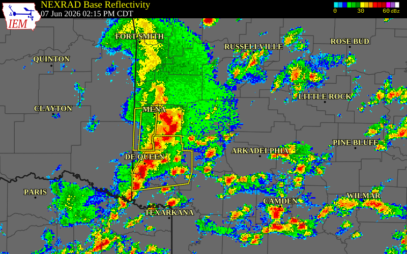 NEXRAD radar during the Sunday, June 7, 2026 storm activity in Garland County, Arkansas