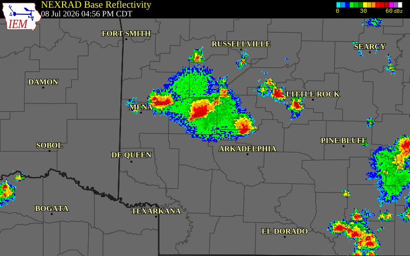 NEXRAD radar during the Wednesday, July 8, 2026 storm activity in Garland County, Arkansas