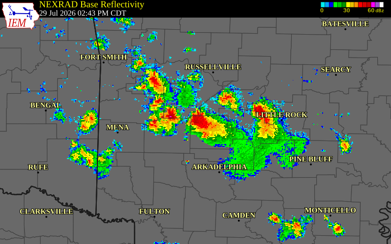 NEXRAD radar during the Wednesday, July 29, 2026 storm activity in Garland County, Arkansas