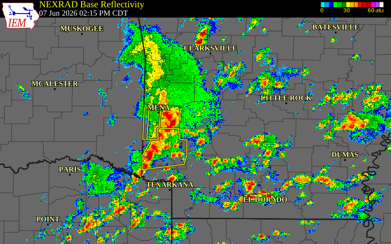 Radar snapshot during the Jun 7, 2026 wind event near Garland County, Garland County, Arkansas, with NWS warning polygons