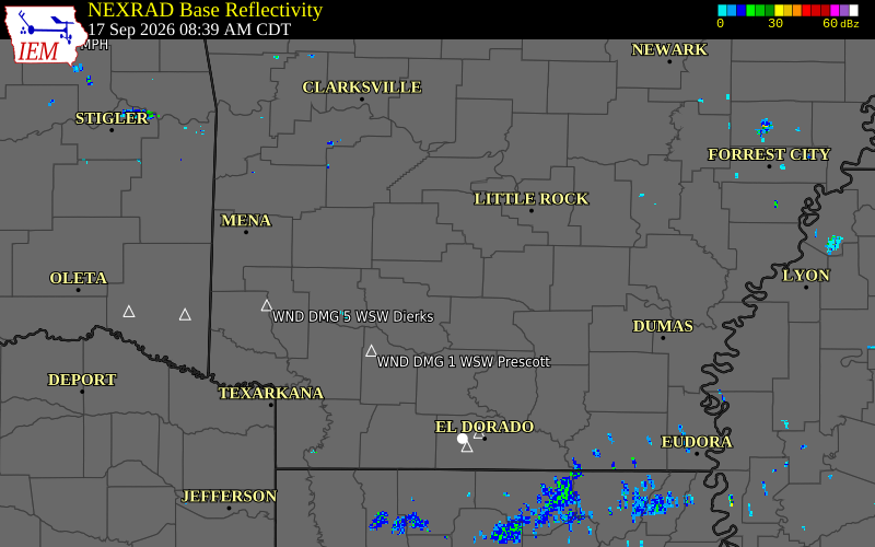 Current NEXRAD radar over Garland County, Arkansas with recent storm report locations