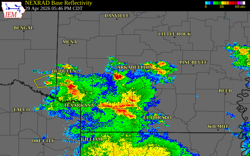 NEXRAD radar during the Wednesday, April 29, 2026 storm activity in Grant County, Arkansas