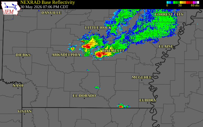 NEXRAD radar during the Saturday, May 30, 2026 storm activity in Grant County, Arkansas