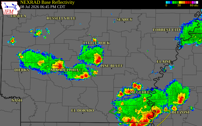 NEXRAD radar during the Wednesday, July 8, 2026 storm activity in Grant County, Arkansas