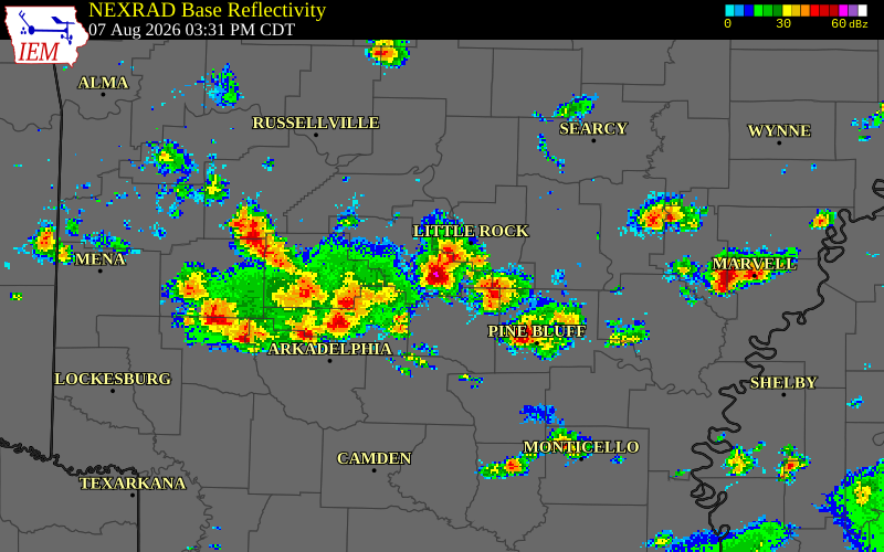 NEXRAD radar during the Friday, August 7, 2026 storm activity in Grant County, Arkansas