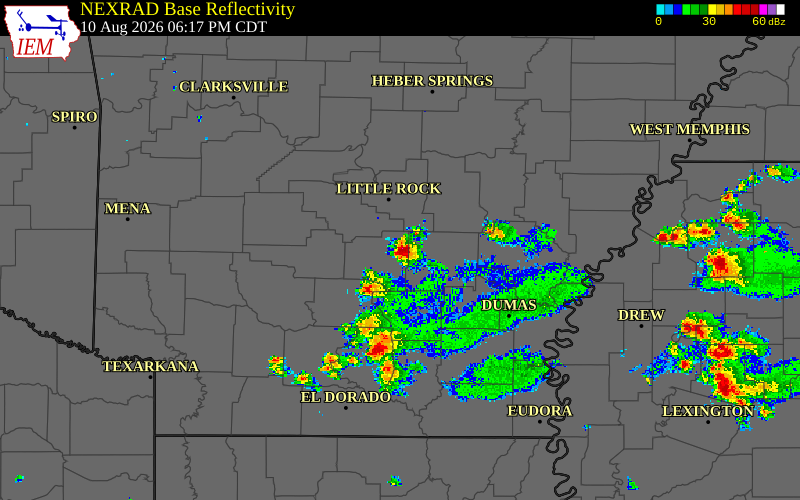 Radar snapshot during the Aug 10, 2026 wind event near Grant County, Grant County, Arkansas, with NWS warning polygons