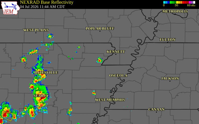 NEXRAD radar during the Saturday, July 4, 2026 storm activity in Greene County, Arkansas