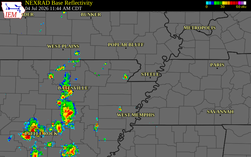 Radar snapshot during the Jul 4, 2026 tornado event near 5 E Paragould, Greene County, Arkansas, with NWS warning polygons
